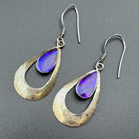 Vintage 925 Silver Purple Abalone Shell MOP in Resin Dangle Hook Earrings 1.75" - Picture 1 of 12